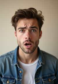 headshot of scared shocked afraid frightened terrified anxious man, plain background