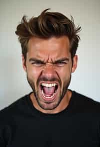 headshot of angry furious rage man, plain background