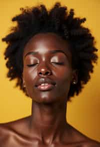 headshot of closed eyes, eyes closed woman, plain background