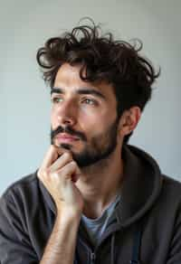 headshot of thinking ruminating contemplating contemplation pondering, plain background