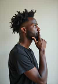 headshot of thinking ruminating contemplating contemplation pondering, plain background