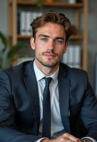 headshot of man, sitting at a desk, at a (office),  shirt and tie and suit pants