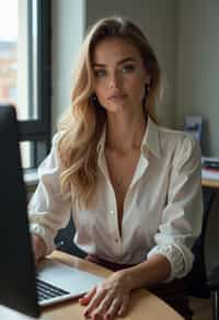 headshot of woman, sitting at a desk, at a (office), BREAK elegant blouse, pencil skirt, makeup