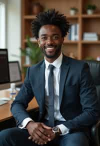 headshot of man, sitting at a desk, at a (office),  shirt and tie and suit pants