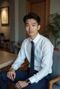 headshot of man, sitting at a desk, at a (office),  shirt and tie and suit pants