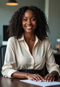 headshot of woman, sitting at a desk, at a (office), BREAK elegant blouse, pencil skirt, makeup