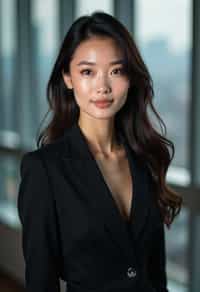 8k professional headshot of woman, crisp details, studio backdrop, executive attire, confident posture, neutral expression, high-definition, corporate setting, sharp focus, ambient lighting, business professional, cityscape view