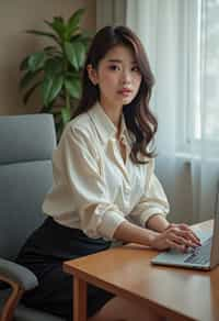 headshot of woman, sitting at a desk, at a (office), BREAK elegant blouse, pencil skirt, makeup