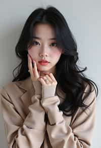 Korean woman (with black hair) (as korean kpop k-pop idol) posing for photo, wearing Korean clothes, Korean fashion, Korean fashion, Korean makeup, (in front of solid background)