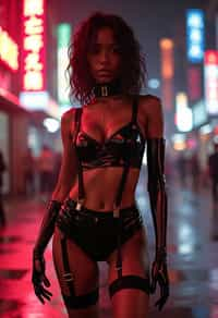 a detailed portrait of intelligent woman actress standing in street wearing stockings garters suspenders lingerie pvc latex lingerie, in a cyberpunk bladerunner vaporwave city, (cyberpunk), city from year 2300, red lights neon with prosthetic robot arm cybernetic