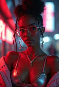 a detailed portrait of intelligent woman actress with thin frame hipster glasses wearing silver bikini and jacket, in a cyberpunk bladerunner vaporwave city, (cyberpunk), city from year 2300, red lights neon, 90s hair bun style, 