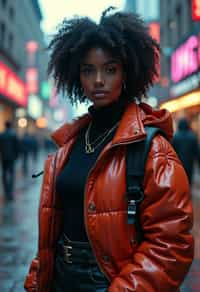 a detailed portrait of hot sexy woman actress wearing jacket, standing in street pose for photo, confident, in a cyberpunk bladerunner vaporwave city, (cyberpunk), city from year 2300