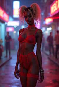 a detailed portrait of sexy intelligent hot glamour woman standing wide legged strike a pose in street wearing (red fishnet red pantyhose stockings) garters suspenders red lingerie harness red lingerie lingerie red, in a cyberpunk bladerunner vaporwave city, (cyberpunk), city from year 2300, purple blue lights neon, blonde double hair bun, hourglass figure