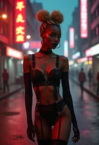 a detailed portrait of intelligent woman actress standing in street wearing black stockings garters suspenders black lingerie silk lingerie black, in a cyberpunk bladerunner vaporwave city, (cyberpunk), city from year 2300, red lights neon, blonde double hair bun