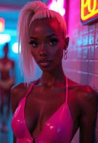 woman with platinum blonde hair, in neon bar, cyberpunk, pink latex bikini or bathing suit, professional award winning photography, beautiful detailed eyes, highly detailed glossy eyes, high detailed skin, skin pores