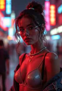 a detailed portrait of intelligent woman actress with thin frame hipster glasses wearing silver bikini and jacket, in a cyberpunk bladerunner vaporwave city, (cyberpunk), city from year 2300, red lights neon, 90s hair bun style, 