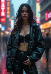 a detailed portrait of hot sexy woman actress wearing jacket, standing in street pose for photo, confident, in a cyberpunk bladerunner vaporwave city, (cyberpunk), city from year 2300