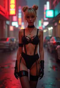 a detailed portrait of intelligent woman actress standing in street wearing black stockings garters suspenders black lingerie pvx latex lingerie black, in a cyberpunk bladerunner vaporwave city, (cyberpunk), city from year 2300, red lights neon, blonde double hair bun