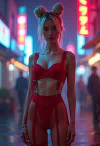 a detailed portrait of sexy intelligent hot glamour woman standing wide legged strike a pose in street wearing (red fishnet red pantyhose stockings) garters suspenders red lingerie harness red lingerie lingerie red, in a cyberpunk bladerunner vaporwave city, (cyberpunk), city from year 2300, purple blue lights neon, blonde double hair bun, hourglass figure