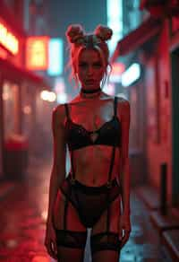 a detailed portrait of intelligent woman actress standing in street wearing black stockings garters suspenders black lingerie silk lingerie black, in a cyberpunk bladerunner vaporwave city, (cyberpunk), city from year 2300, red lights neon, blonde double hair bun