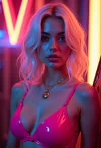 woman with platinum blonde hair, in neon bar, cyberpunk, pink latex bikini or bathing suit, professional award winning photography, beautiful detailed eyes, highly detailed glossy eyes, high detailed skin, skin pores