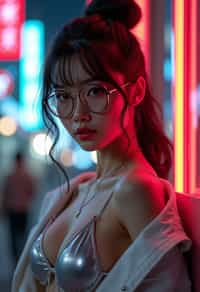 a detailed portrait of intelligent woman actress with thin frame hipster glasses wearing silver bikini and jacket, in a cyberpunk bladerunner vaporwave city, (cyberpunk), city from year 2300, red lights neon, 90s hair bun style, 