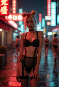 a detailed portrait of intelligent woman actress standing in street wearing fishnet stockings garters suspenders black lingerie silk lingerie black, in a cyberpunk bladerunner vaporwave city, (cyberpunk), city from year 2300, red lights neon, blonde double hair bun