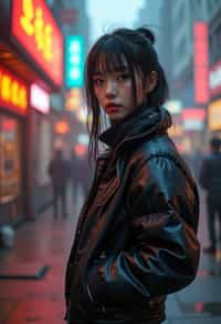 a detailed portrait of hot sexy woman actress wearing jacket, standing in street pose for photo, confident, in a cyberpunk bladerunner vaporwave city, (cyberpunk), city from year 2300