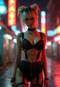 a detailed portrait of intelligent woman actress standing in street wearing black stockings garters suspenders black lingerie pvx latex lingerie black, in a cyberpunk bladerunner vaporwave city, (cyberpunk), city from year 2300, red lights neon, blonde double hair bun