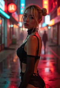 a detailed portrait of intelligent woman actress standing in street wearing black stockings garters suspenders black lingerie silk lingerie black, in a cyberpunk bladerunner vaporwave city, (cyberpunk), city from year 2300, red lights neon, blonde double hair bun