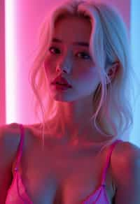 woman with platinum blonde hair, in neon bar, cyberpunk, pink latex bikini or bathing suit, professional award winning photography, beautiful detailed eyes, highly detailed glossy eyes, high detailed skin, skin pores