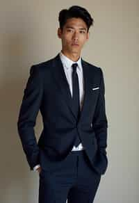 man wearing  navy colored suit in try on fashion shoot for Zara Shein H&M