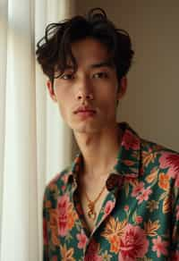 man wearing  floral silk shirt in try on fashion shoot for Zara Shein H&M