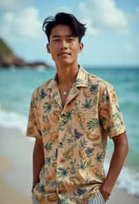 man wearing  hawaii shirt in try on fashion shoot for Zara Shein H&M