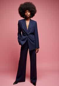 woman wearing navy colopink pants suit  in try on fashion shoot for Zara Shein H&M