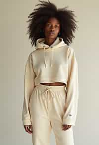 woman wearing cropped cream hoodie  in try on fashion shoot for Zara Shein H&M