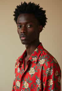 man wearing  floral silk shirt in try on fashion shoot for Zara Shein H&M