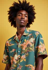 man wearing  hawaii shirt in try on fashion shoot for Zara Shein H&M