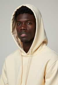 man wearing  cream hoodie in try on fashion shoot for Zara Shein H&M