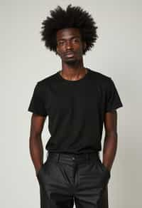 man wearing  t-shirt and pants in try on fashion shoot for Zara Shein H&M