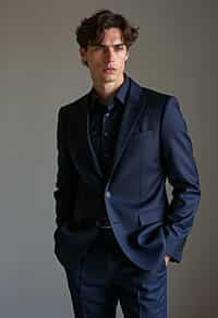 man wearing  navy colored suit in try on fashion shoot for Zara Shein H&M