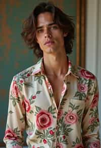 man wearing  floral silk shirt in try on fashion shoot for Zara Shein H&M