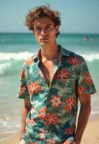 man wearing  hawaii shirt in try on fashion shoot for Zara Shein H&M