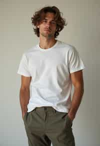 man wearing  t-shirt and pants in try on fashion shoot for Zara Shein H&M