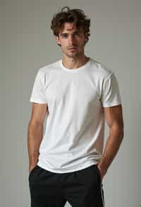 man wearing  t-shirt and gym shorts in try on fashion shoot for Zara Shein H&M