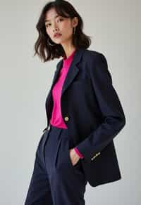 woman wearing navy colopink pants suit  in try on fashion shoot for Zara Shein H&M