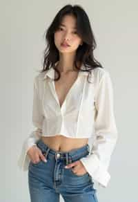 woman wearing white cropped blouse and denim jeans  in try on fashion shoot for Zara Shein H&M