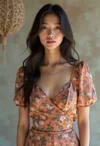 woman wearing silk floral dress  in try on fashion shoot for Zara Shein H&M