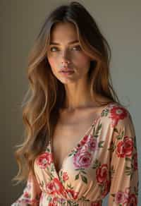 woman wearing silk floral dress  in try on fashion shoot for Zara Shein H&M