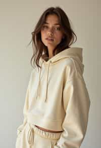 woman wearing cropped cream hoodie  in try on fashion shoot for Zara Shein H&M